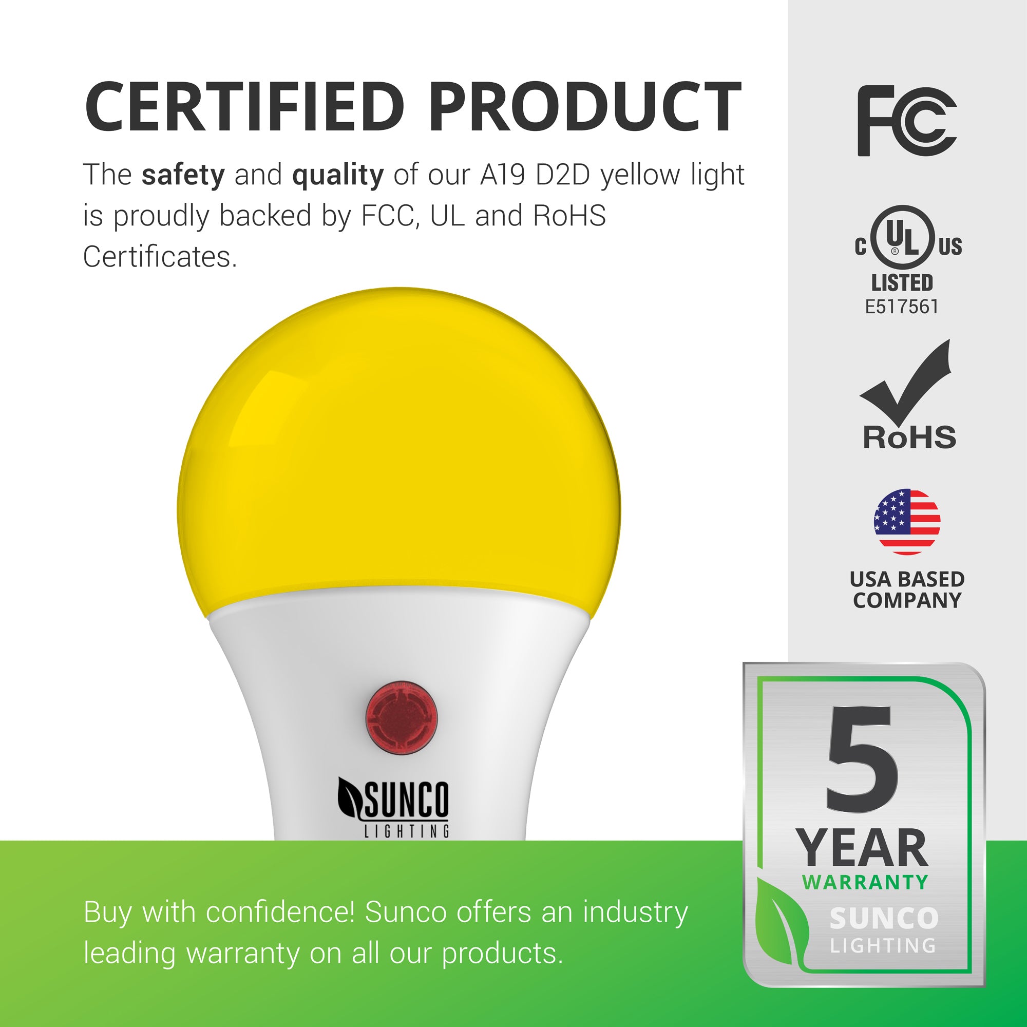 A19 LED Bulb, Yellow Bug Light, Dusk to Dawn, 480 Lumens