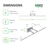 Dimensions of Alta Tunable White Vanity Light Fixture. Brightness: 1100 lumens, Wattage: 15W, Equivalency: 100W, Lifetime: 50,000 hour lifespan. Dimensions include: Bar Length: 31.65 inches, Bar Width: 1.51 inches. Fixture Base: 7.09 inches x 4.33 inches x 1.44 inches. Bar extends from 9.48 inches out to 12.2 inches away from fixture base. Image shows top view of modern bar light fixture. Note twist caps on the dual extension arms for easy adjustment.