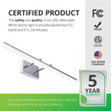 Certified Product. The safety and quality of our Alta Modern Bar LED Vanity Light with Tunable White (choose from 3 color temperatures) is proudly backed by Sunco’s 5-year warranty. It is ETL listed and has FCC and RoHS certificates. Sunco offers an industry leading warranty on all of our products. Sunco is American owned and operated. We are based in the U.S. Image shows the selectable CCT vanity seen from below. Great for bathrooms, bedrooms, makeup mirrors, and above sinks.