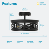 11“ Diameter Dimmable Semi Flush Industrial Ceiling Light Fixture with 2700K Soft White LED Edison bulbs , E26 Base Sockets