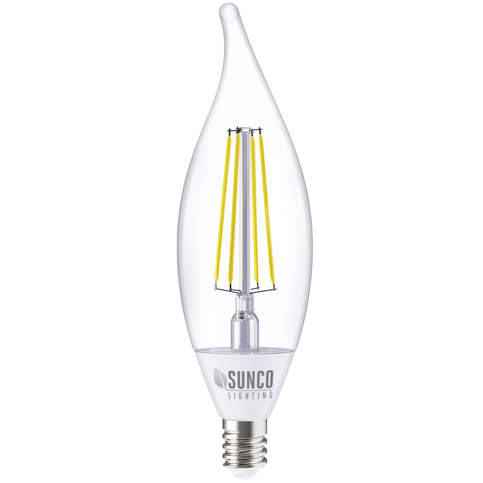 CA11 LED Candelabra Filament Bulb with Dusk to Dawn sensor is an E12 base, wet rated light bulb for outdoor lighting. Great for pendant fixtures, wall sconces, wall lanterns, and other open fixtures where the Dusk to Dawn sensor will be able to detect light levels and automate lighting with auto on/off without a timer. Image here shows the candelabra bulb with the light off so you can see the high tech filament inside the glass housing.