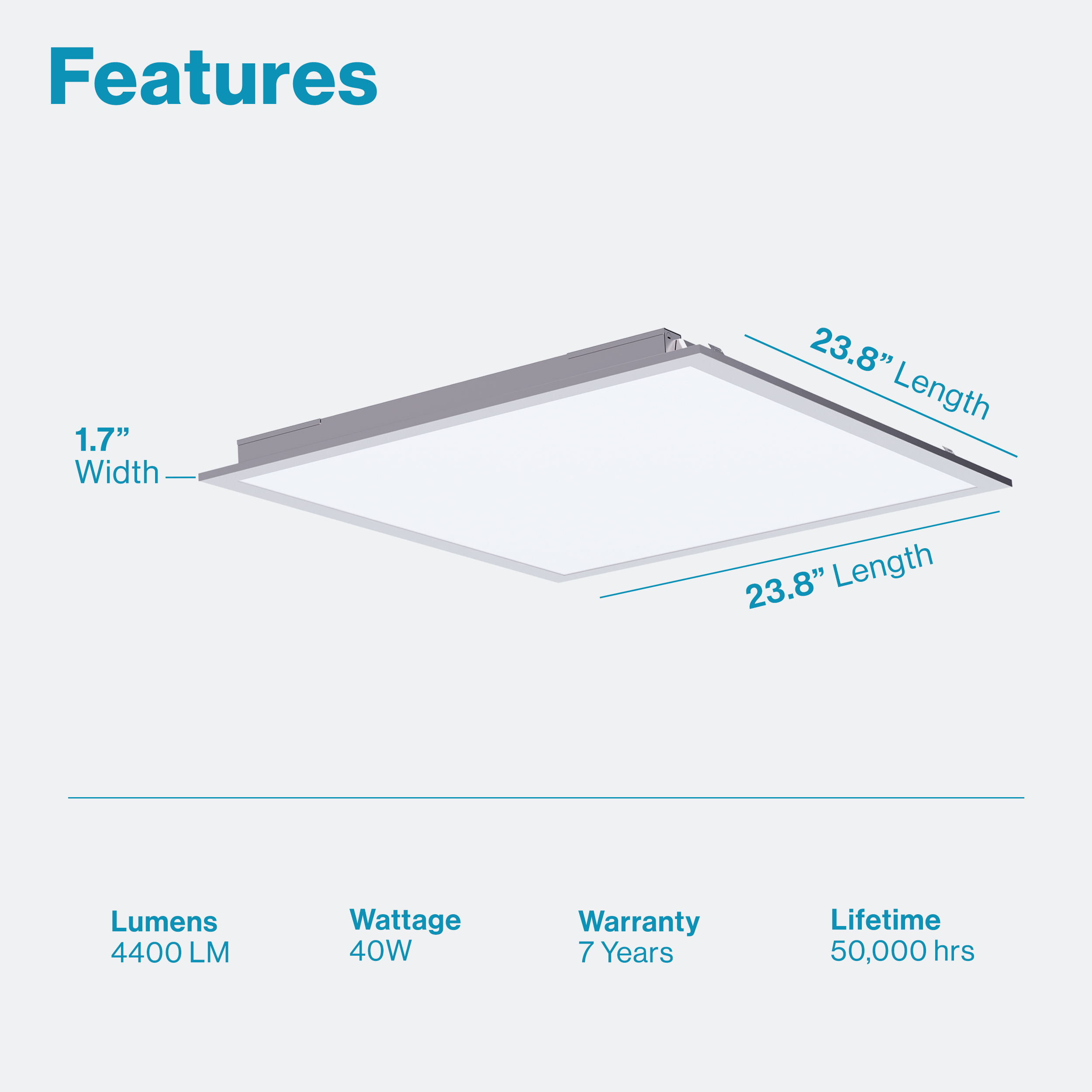This 40W 2x2 Sunco Lighting Ceiling Panel is 1.7" wide/23.8" long. Features 50,000 Lifetime hours, 4400 Lumens, and a 7 year warranty.