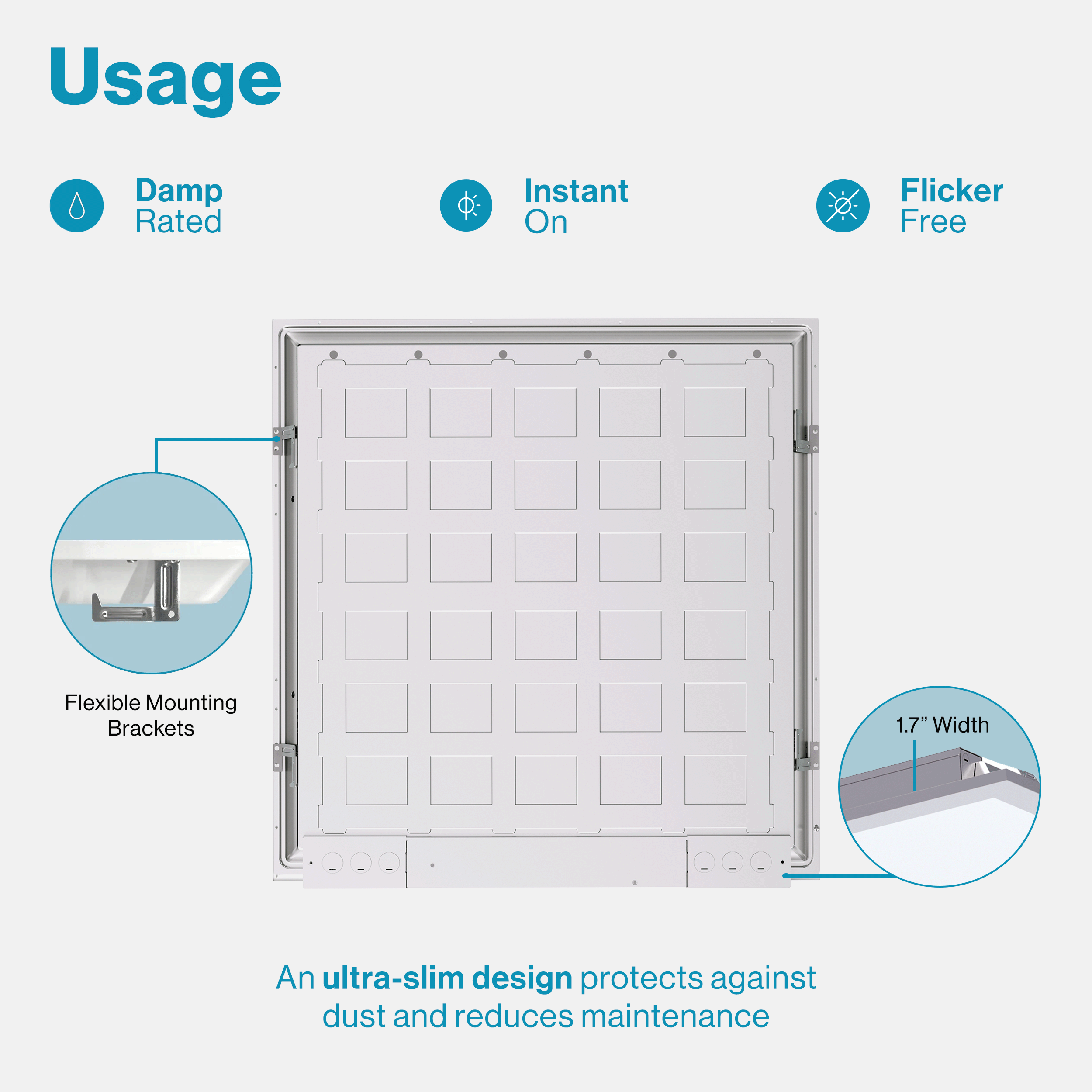 Use this ultra-slim, damp rated, instant on, flicker free 2x2 Sunco Lighting Ceiling Panel in garages, warehouses, and commercial spaces. 