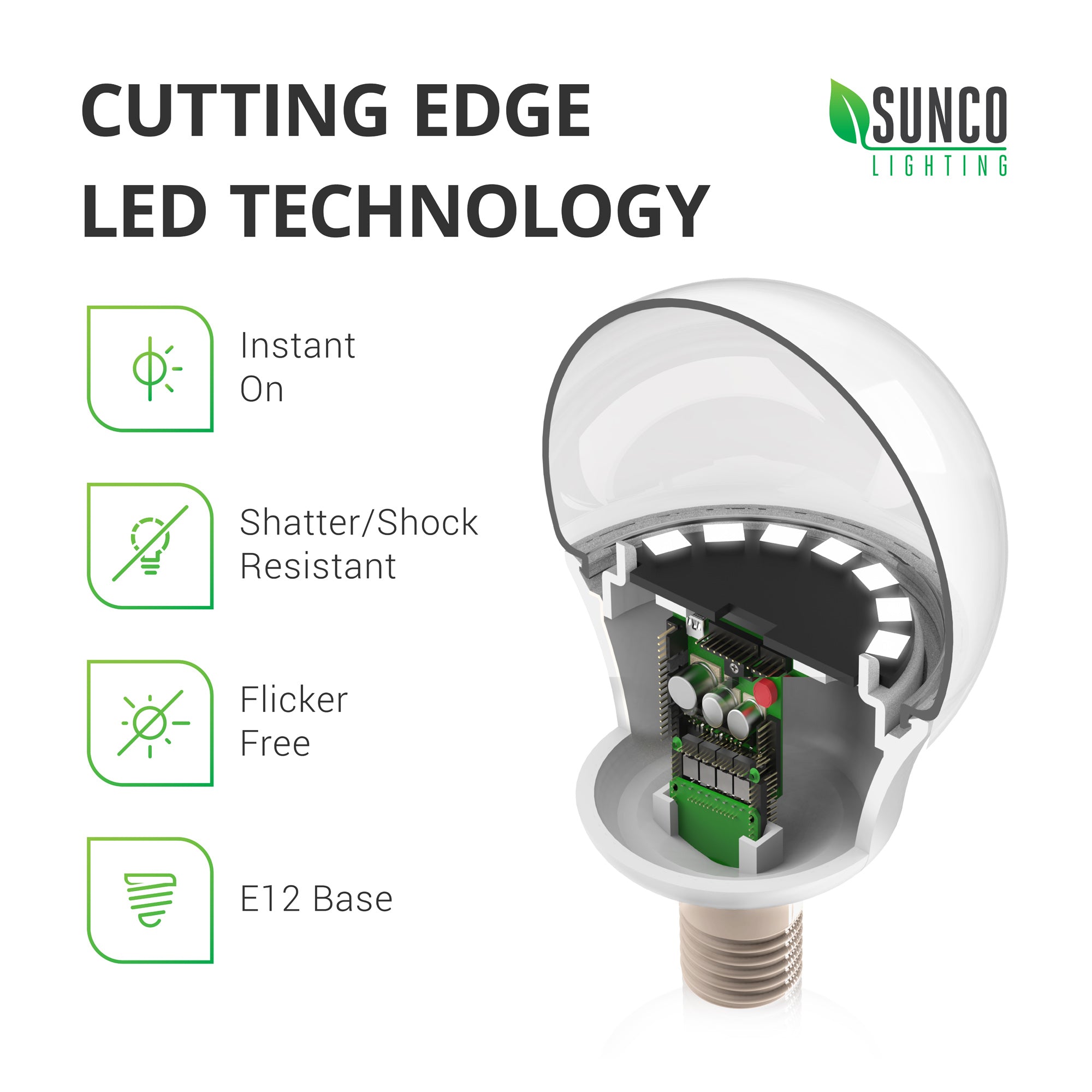 This shatter- and shock-resistant G14 LED Bulb offers cutting edge LED technology inside its durable, plastic housing. This image shows a cutaway of the G14 light bulb with the LED board inside. With a flicker free and instant on light, this compact light bulb with an E12 base is damp rated for indoor use.