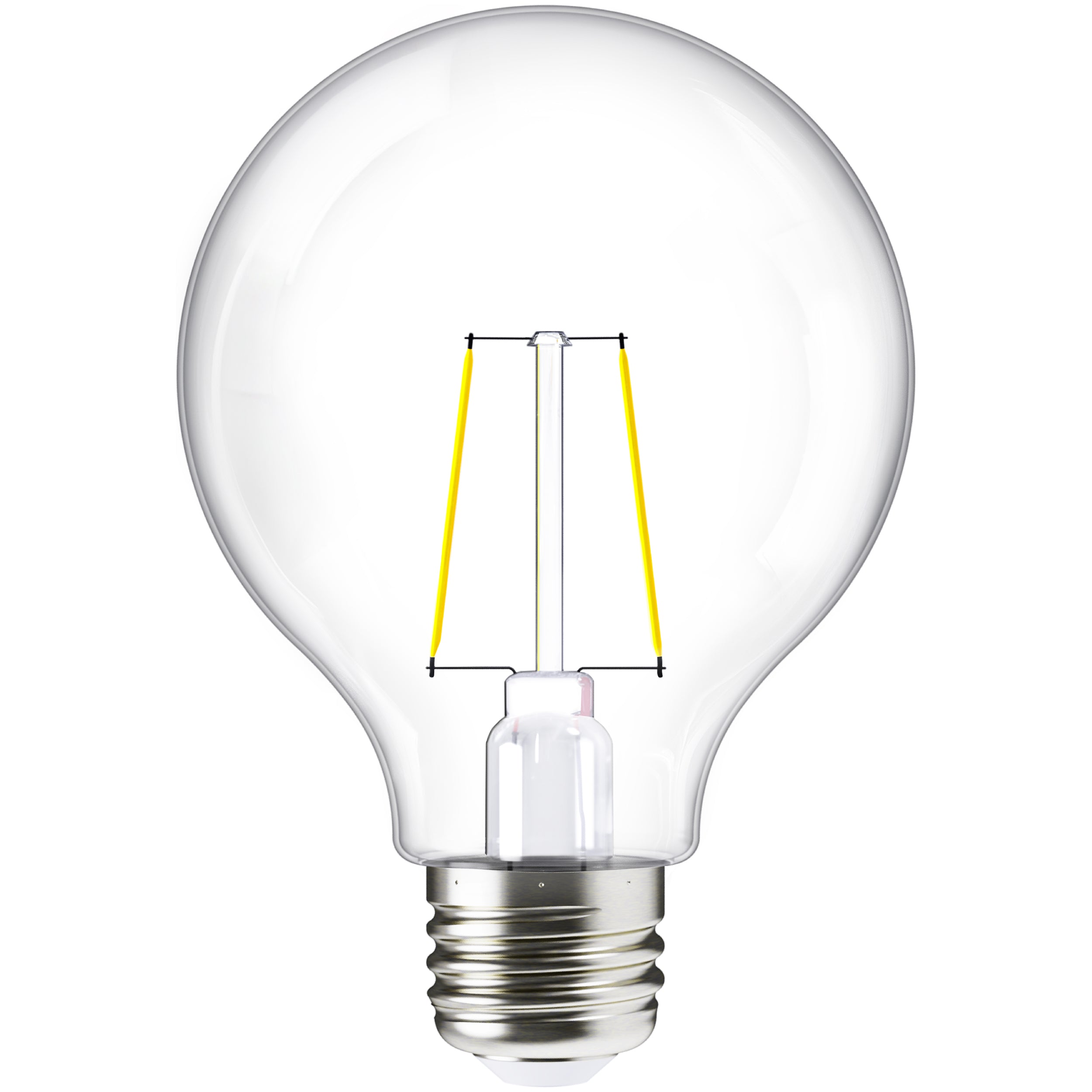 Create the popular vintage look of an Edison style glass filament bulb with our instant on G25 LED Filament. This dimmable bulb is shown here with the light bulb off to see the high tech LED filament inside the glass housing. This light fixture offers retro styling in chandeliers, wall sconces, lanterns, pendant caged fixtures, and string lights. Great for outdoor use since it is IP65 rated (wet rated). Suitable for restaurants and patios, backyards, and for interior lighting in living rooms.