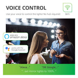 Voice Control. Change your lights with your voice. No bub required, just WiFi. The Sunco G25 LED Smart Bulb works with Amazon Alexa and Google Assistant. Just say: Alexa, set mirror lights to 100 percent and the LED light changes. Image shows a makeup designer and an actress at a backstage dressing area with G25 LEDs surrounding the vanity mirror for bright, task lighting.