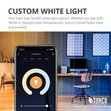 Custom White Light. Pick from over 50,000 white light options. Whether you like Soft Light or Daylight, warm light or cool light, Sunco’s Smart Bulbs have you covered. Adjust the white quality by changing the color temperature. Image shows a detail of the app with the tunable white wheel and an artist rendition of an office with warm to cool CCTs to show you how the room might look depending on the CCT you select.