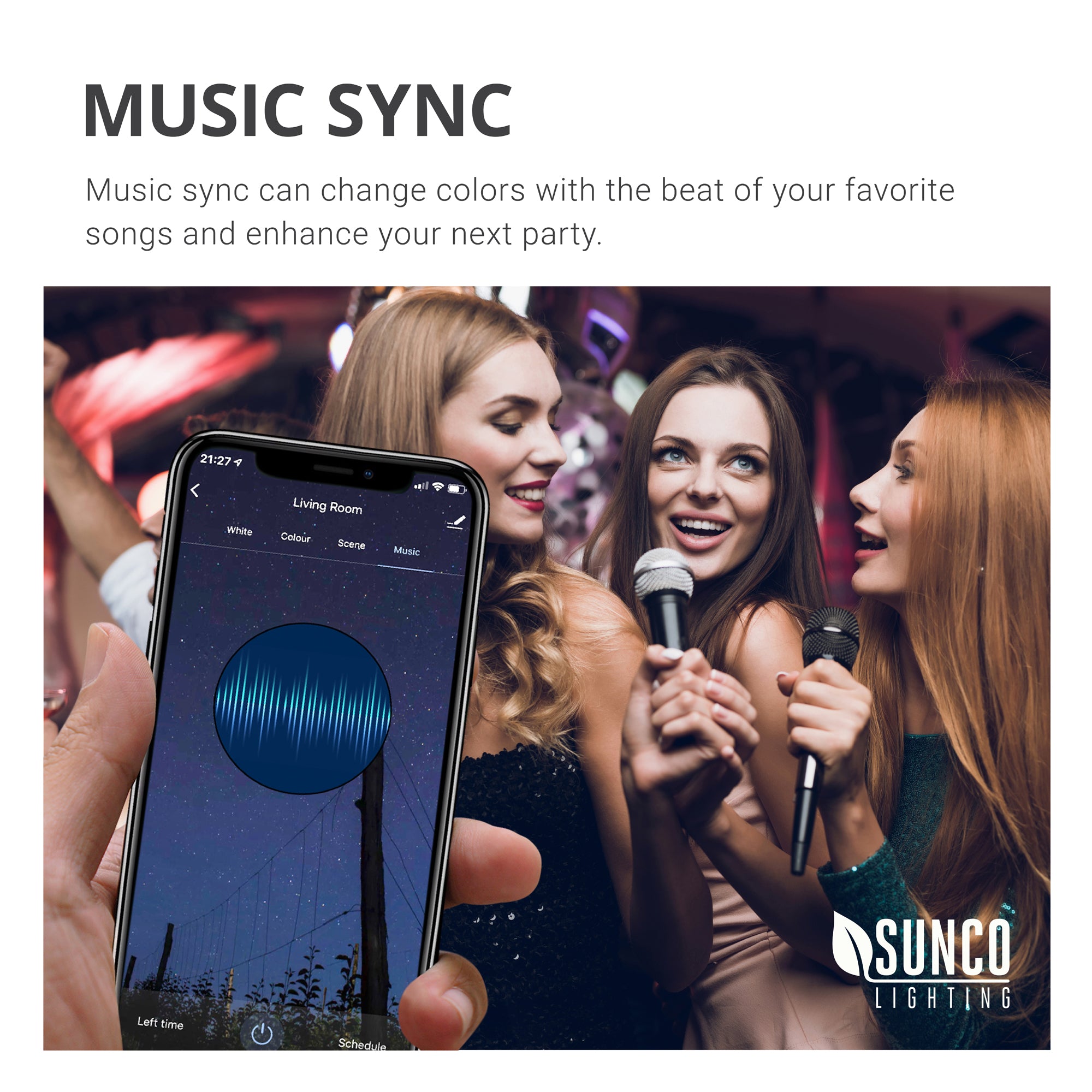 Music Sync. Change colors to the beat of your favorite songs and enhance your next party with the music sync settings in our app. This G25 LED Smart Bulb can be controlled on its own or in a group. Learn more about all the setting options in our install manual. Images shows 3 people dancing and singing into microphones at a house party with a closeup of the app on a compatible smart phone.