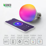 Sunco Lighting Smart Bulbs feature a simple app with smart control from your compatible smart phone or smart device, along with voice control for Amazon Alexa or Google Home. The adjustable settings on this light bulb via the app provide timer and schedule options, programmable scenes, smooth dimming, 16 million colors in an RGB color wheel and cool and warm light quality with selectable CCT color temperatures. 