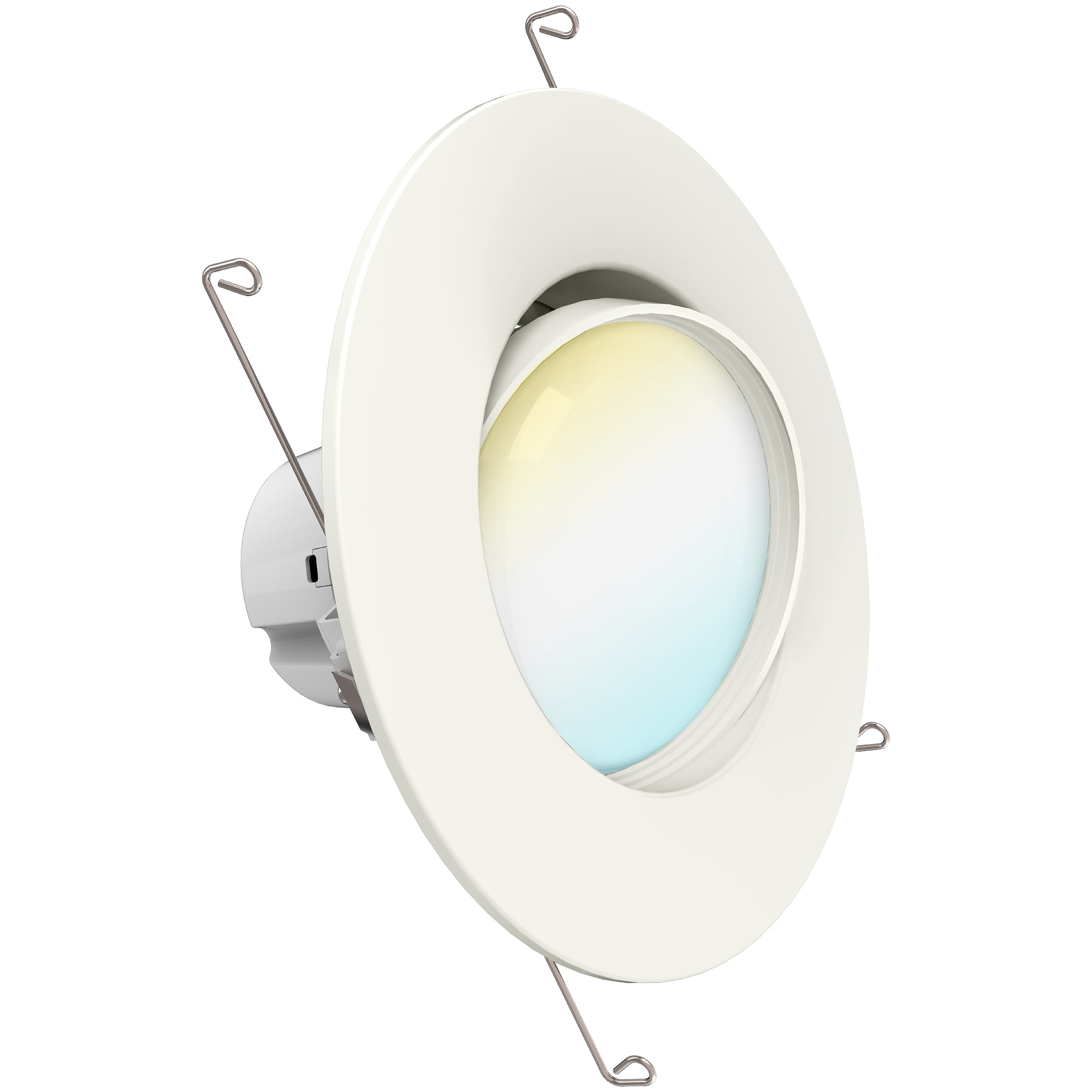 This LED retrofit downlight with a gimbal optic fits 5-inch or 6-inch recessed cans. Adjust CCT settings to change the white light quality to suit your needs. Slide the switch to select color temperature during installation. Choose from 2700K, 3000K, 3500K, 4000K, 5000K to change the light from warm to cool. This dimmable recessed light is damp rated for indoor use or for outside in a damp area You can see the spring clips here that help hold the light inside the recessed can housing.