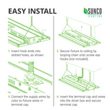 Easy Install of the Sunco LED Linear High Bay. Install instructions are expanded in the user manual. Here are the basic steps: 1. Insert hook ends of V hook into slotted holes as shown. 2. Secure fixture to ceiling by looping chain onto screw eye hooks (not included). 3. Connect the supply wires by color to fixture wires in terminal caps. 4. Insert the terminal cap and wires into the driver box and secure terminal cap. Image shows line art of easy installation process.