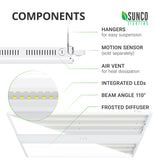 Components of the 220W LED Linear High Bay. Image shows closeup of the light fixture with highlights of the Integrated LEDs, air vents for heat dissipation, V hook hangers for easy suspension on included hanging chains, and a frosted diffuser to soften harsh edge shadows. An optional motion sensor accessory is shown attached to the end of the high bay light fixture. This unit is sold separately. This hanging light fixture includes a wide beam angle 110-degrees.