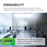 Dimmability. Sunco’s linear high bay lights were built with a smooth dimming capability to enhance your control over the ambiance of your space. Image shows a gymnasium with a range of shaded to bright areas to simulate the dimmable quality of this area light. Sunco Linear High Bay lights are suspended overhead from the included chains and V hooks.