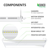 Components of the 80W LED Linear High Bay. Image shows closeup of the light fixture with highlights of the integrated LEDs, air vents for heat dissipation, V hook hangers for easy suspension on included hanging chains, and a frosted diffuser to soften harsh edge shadows. An optional motion sensor accessory is shown attached to the end of the high bay light fixture. This unit is sold separately. This hanging light fixture includes a 110-degree wide beam angle.
