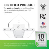 Certified Product. The safety and quality of our Linear High Bay is proudly backed by UL and FCC certificates along with a 10-year warranty. Sunco offers an industry leading warranty on all of our products. This image features the 80W Linear High Bay with its included V hooks and hanging chains, along with the frosted lens. Fixture is seen at an angle from below. Sunco is American owned and operated. We are based in the USA with our headquarters in sunny California.