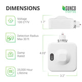 Dimensions of the Microwave Motion Sensor for LED Linear High Bays. Length 4.03 inches. Width 3.2 inches. Height 1.7 inches. Note the threaded ring to secure this accessory onto the high bay light fixture. Some tech specs: Voltage 100-277V, Detection Radius Max 30ft, damp rated, 25,000 hour lifespan. DIP switch access door is not shown here, but full adjustable settings details can be found in the motion sensor user guide.