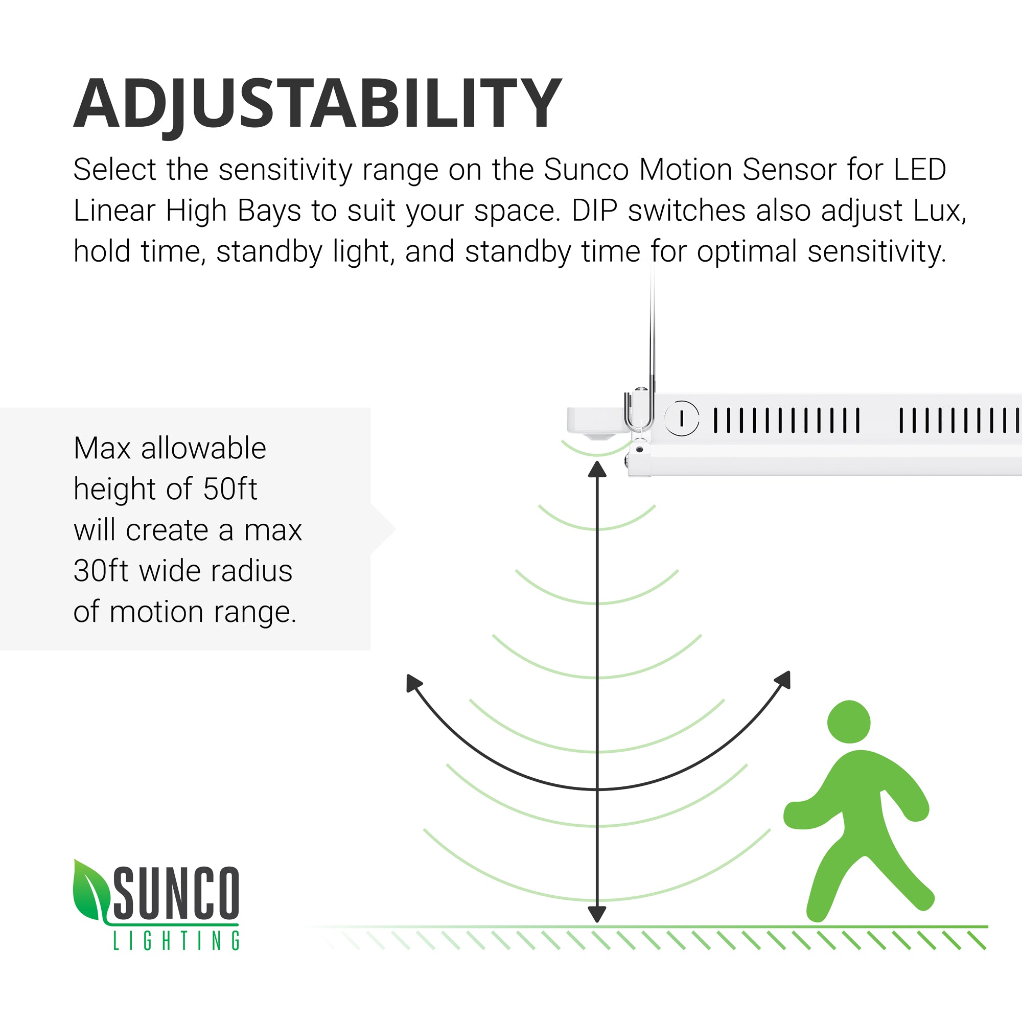 Adjustability. Select sensitivity range on the Sunco Motion Sensor for LED Linear High Bays to suit your space. DIP switches also adjust Lux, hold time, along with standby light and standby time for optimal sensitivity. Easily perform a walk test by following the instructions in our simple install guide. Max allowable height of 50ft will create a max 30ft radius of motion range. Image shows a walking test artist rendering where the person walks below the sensor to test range sensitivity.