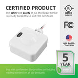 Certified Product. The safety and quality of our Microwave Sensor for Linear High Bays is proudly backed by UL and FCC certificates. Sunco is America owned and operated. Sunco offers an industry leading warranty on all our products. This sensor has a 5-year warranty. The sensor is shown in this image. It would screw onto the LED Linear High Bay with the end knockout and secure with the threaded ring.