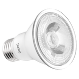 This PAR20 LED Bulb offers a bright light in a spot beam spread of 40-degrees. Its E26 base makes it a perfect LED replacement bulb, especially since it is IP65 wet rated for outdoor use. Use it for landscaping outside or as a spotlight inside for artwork, sculptures, and architectural details. Its compact form makes it fit in 4-inch recessed cans for reliable downlight in your office, living room, kitchen, or bath.