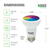 LED Dimensions: Diameter: 2.48 inches, Height: 3.15 inches, Base: E26. Other specs: Brightness: 400 Lumens, Wattage: 5W, Voltage 120V. Features Smooth dimming, choice of 16 million plus colors, and includes tunable white.