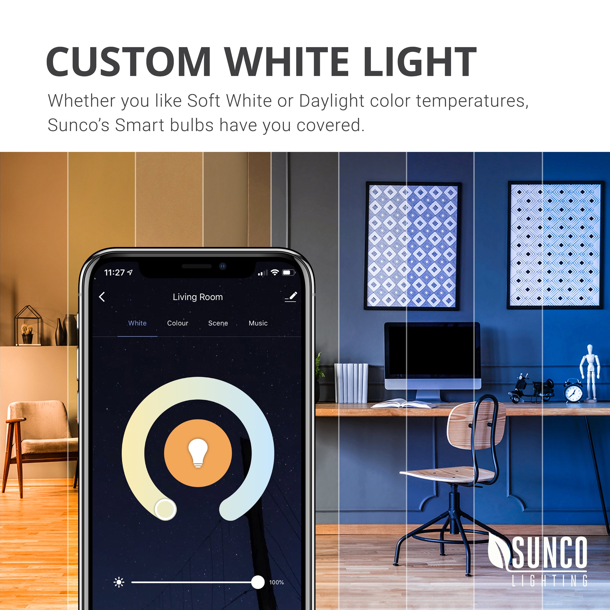 Custom White Light. Whether you light Soft White or Daylight color temperatures, Sunco Lighting LED Smart Bulbs have you covered. Use the easy color wheel to swipe and select the CCT white light color temperature you prefer in each room. Image shows a closeup of the easy app on a smart phone and a simulation in an office and living room of warm to cool color temperatures to show the light quality choices available with just a single smart bulb.