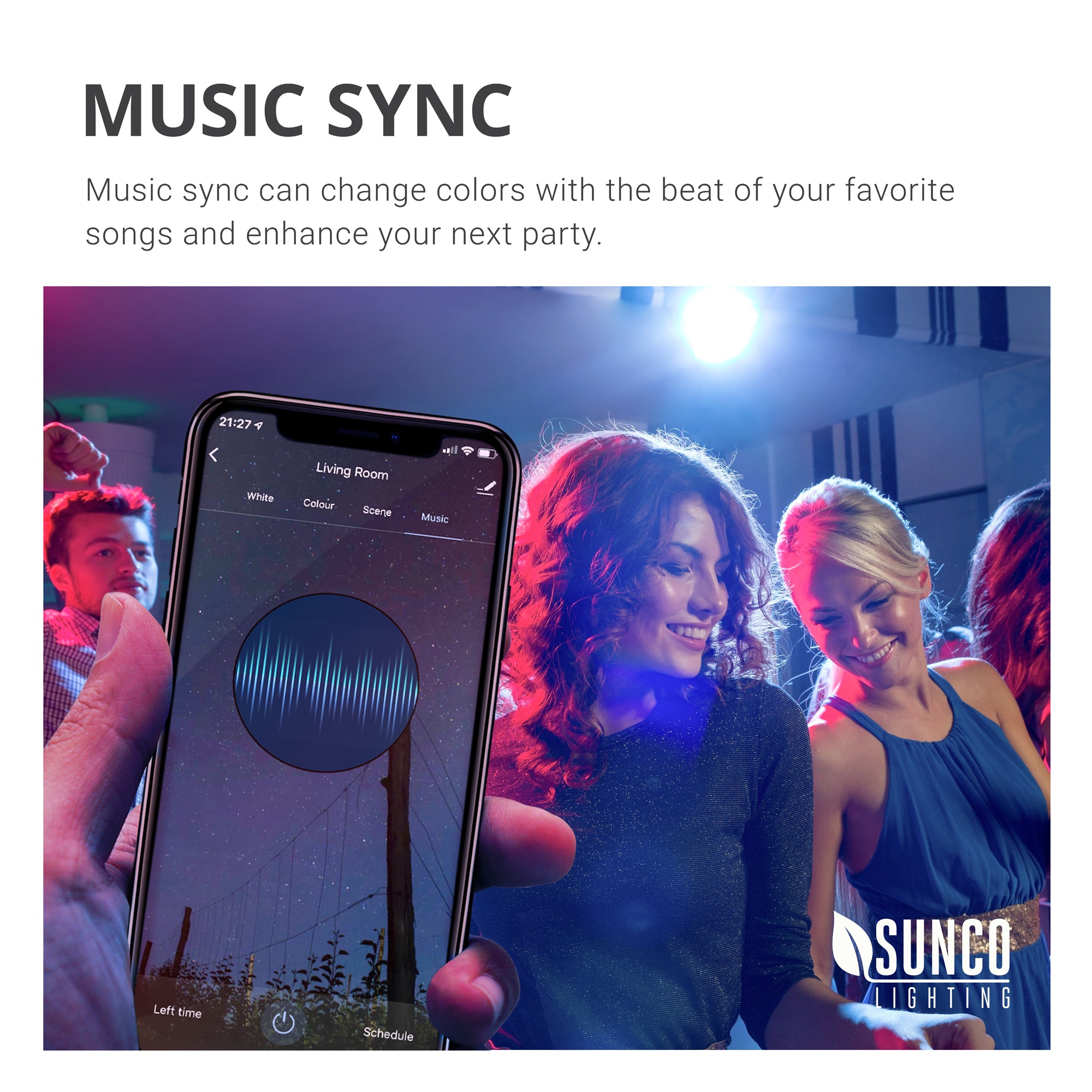 Music Sync can change colors with the beat of your favorite songs and enhance your next party. Image shows friends dancing together under changing light bulb colors with a smart phone showing the Music Sync setting options on a smart phone. You can use a compatible tablet, too. Just keep the smart device, the smart bulb, and your music in the same room and your lights can dance to the beat with you.