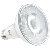 Sunco PAR30 LED Bulb offers smooth dimming, a narrow spotlight light beam, and a long life. Bulb produces a narrow spotlight beam and is wet rated for outdoor use. Seen here at an angle, the PAR30 is ideal in recessed cans and track lighting for indoor applications. You can also use it outside in dual lamp fixtures under eaves or as landscape lighting.