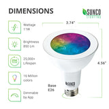 PAR30 LED Smart Bulb Dimensions: Diameter: 3.74 inches, Height: 4.56 inches, Base: E26. Other specs: Brightness: 850 Lumens, Wattage: 11W, Voltage 120V. This bulb is dimmable, includes tunable white, and a choice of 16 million colors.