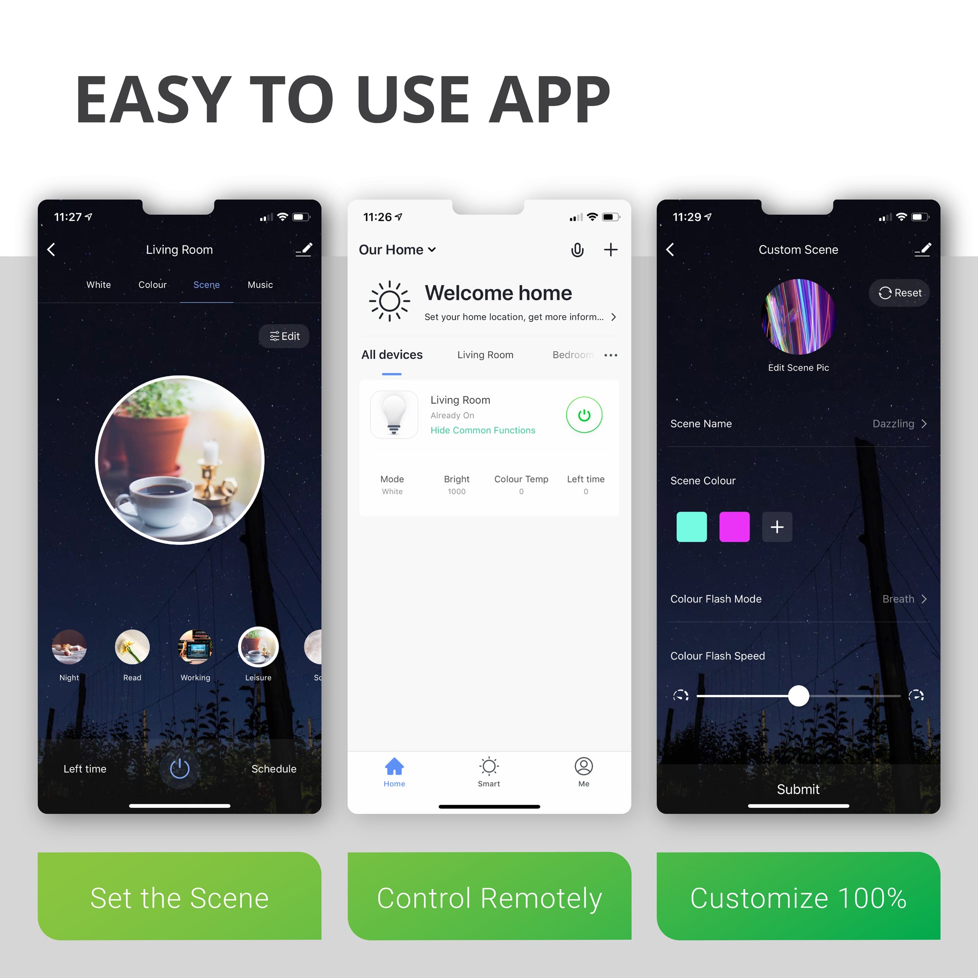 PAR30 LED Smart Bulb works with an easy to use app called the Smart Life App on iOS and Android devices. Select music sync, 16 million color choices, dimmable bulb options, and you can customize a scene selection and save it for later use or use pre-existing scenes.