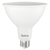 Light up the night with the Sunco PAR38 LED Bulb which is twice as bright as an average PAR38, because it has 2800 lumens. The 20W LED is a 250W equivalent to reduce power bills and still have the same bright light you need. It is wet rated for exterior or interior use and fits inside 6-inch recessed can housings. Shown here in a side view. Ideal in kitchens and offices since the bulb is dimmable to allow for shared spaces or changing needs throughout the day.
