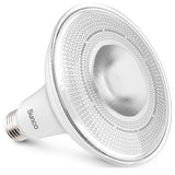 Sunco PAR38 LED Bulb Dusk to Dawn offers auto on and off without a timer. Wet rated for outdoor use. Features an E26 base. Shown here at an angle so you can see the lens cover and the durable housing. This spotlight works great in exterior lighting for landscaping, to highlight architecture or sculptures, and for signs. You can also use it inside for downlights in recessed cans or in track lighting. Shown here on its side with the E26 base.