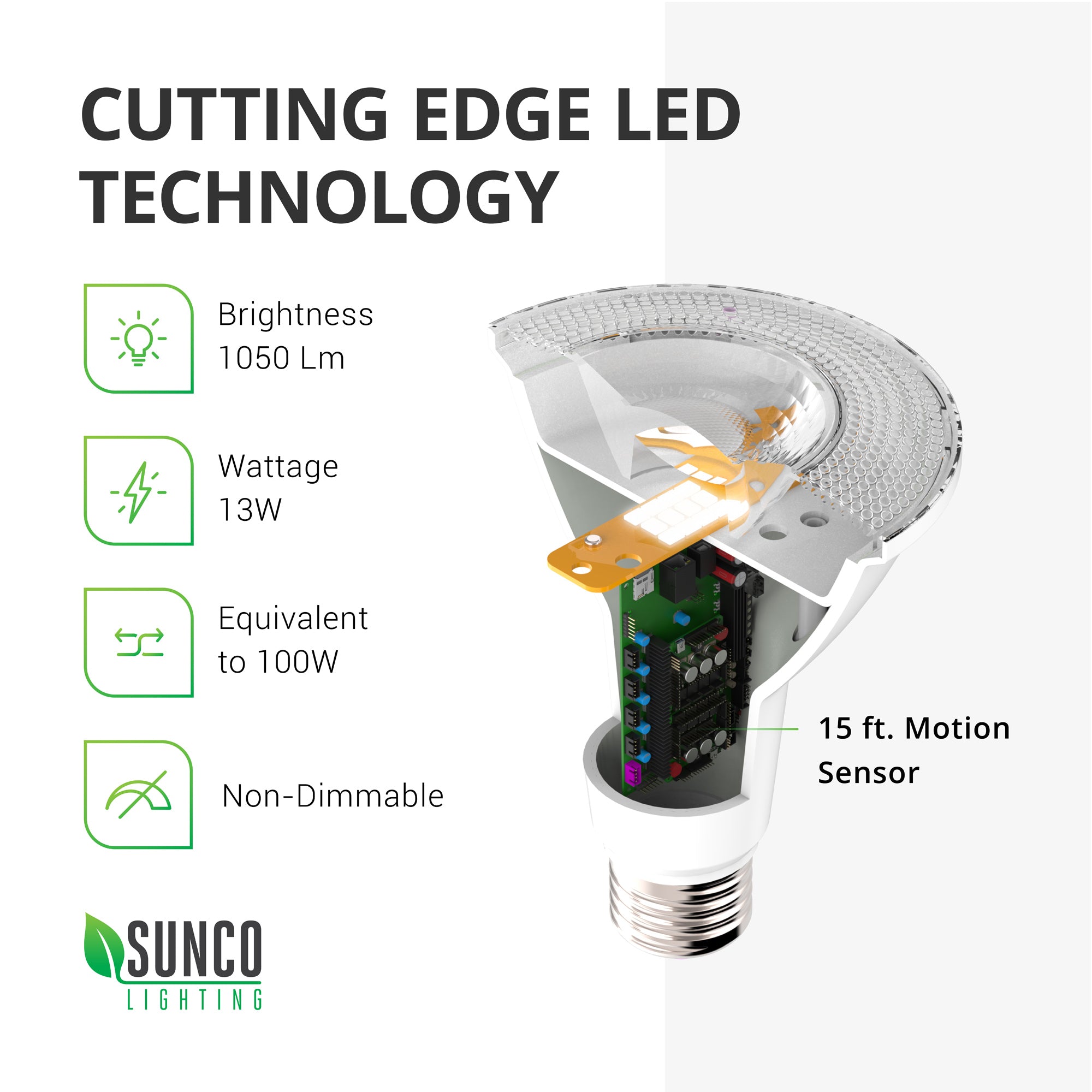 The motion activated PAR38 LED Bulb offers cutting edge LED technology. With 1050 lumens of bright light, this 13W LED is a 100W equivalent. It is non-dimmable. Image shows a cutaway of the bulb with its LED board and points out the motion sensor with its range of 15ft sensitivity and motion detection.
