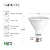 The Sunco PAR38 LED bulb with Motion Activation delivers instant on, bright light with a narrow, spot beam angle of 40-degrees. It is available in 5000K daylight for a sunlight quality that turns on when the sensor detects motion. With a 25,000 hour lifespan, this automated security light requires no timer and will perform for years to come due to its long life expectancy. 