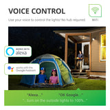 Voice Control. Use your voice to control the lights with your Sunco PAR38 LED Smart Bulb. No hub required for control. However, voice control works with Alexa and Google Assistant in coordination with the Smart Life App and your smart device. Image shows kids in a tent at home with Sunco PAR38 LEDs in the backyard lighting and security light fixtures for nighttime illumination. Voice Control is ideal for when your hands are full like this woman carrying snacks outside.