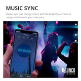 Music Sync can change colors with the beat of your favorite songs to enhance your next party or gathering. Image shows a smart phone with the app closeup and a group of friends dancing under colorful lights. Music Sync lets the lights dance to the beat so you can stop being DJ and start dancing instead. Try creating groups to link lights together so they dance as one.