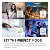 Set the Perfect Mood. Our Sunco PAR38 Smart LED Bulb provides programmable scenes to allow you to save your favorite lighting settings. From dimmable white to any color of the rainbow, the choices are endless. Images of people focused at work under task lighting, relaxing in living room watching TV, low morning bedroom light and custom modes for gaming or movie watching. These versatile light bulbs can be controlled throughout your home or office for customized lighting.