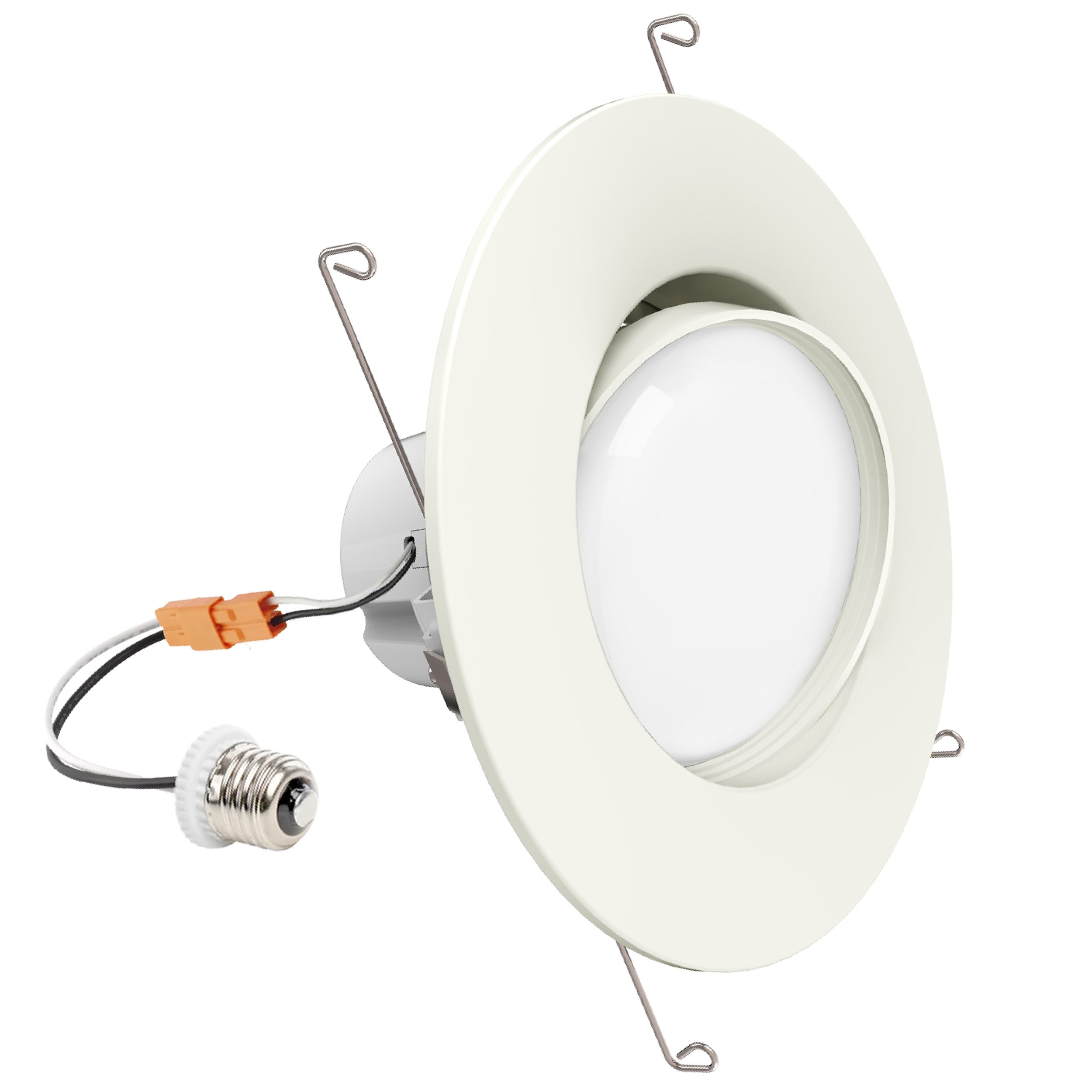 Swivel your LED downlight to spotlight artwork or for angled ceilings to fill a room with bright light. The Sunco Gimbal Retrofit Downlight fits in 5-inch and 6-inch cans by adjusting a screw. Easy to install to upgrade power-hungry traditional lights. This is a 12W LED fixture that is a 60W equivalent with its 800 lumens. Note the lens and LED swivel a full 360-degrees around or rotate up to 45-degrees to fill a nearby wall with light. Adjustable downlight is dimmable with compatible dimmers.