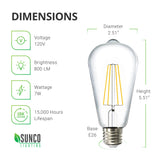Dimensions of the ST64 LED Filament Bulb with Dusk to Dawn. Bulb Dimensions: Diameter: 2.51 inches, Height: 5.51 inches, Base: E26. Other specs: Brightness: 800 Lumens, Wattage: 8.5W, Voltage 120V, 15,000 hour lifespan. Features instant on and flicker free bright light. Image shows the glass housing with the LED Filament inside. Wet rated for outdoor and indoor use.
