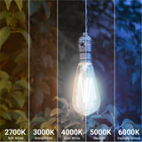 The Sunco ST64 LED Bulb with Dusk to Dawn is available in multiple color temperatures. Choose from: 2700K Soft White, 3000K Warm White, 4000K Cool White, 5000K Daylight, and 6000K Daylight Deluxe. Image shows the various color temps seen in a pendant bulb outside, so you can see the warm to cool tone of the light, depending on which color selection you make for your light bulb purchase.
