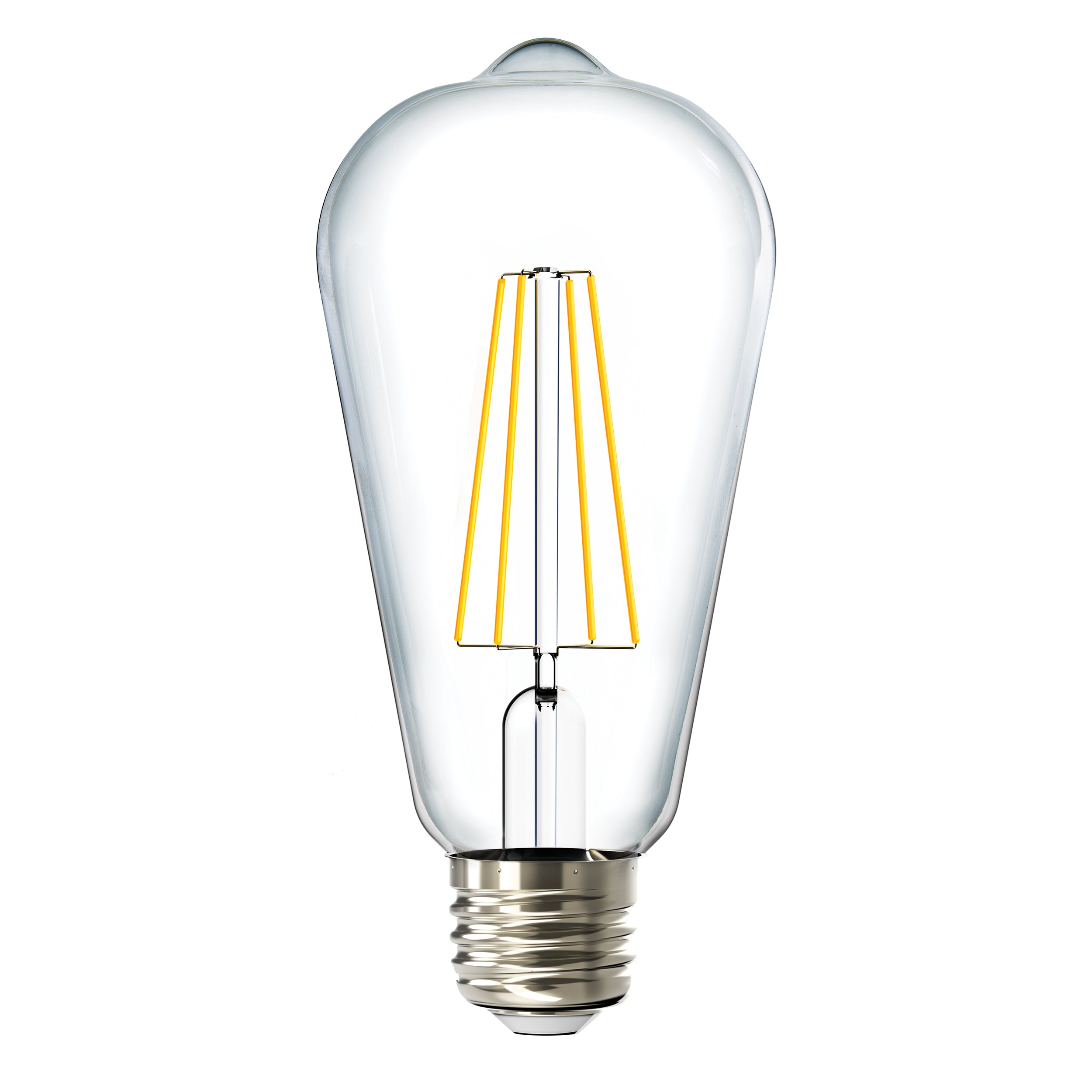 The unique vintage style of the Sunco ST64 LED Filament Bulb provides the retro look of a popular Edison-style light bulb. Features clear glass housing with an exposed LED Filament inside it. Also known as an ST19 Filament Bulb. Here the light bulb is turned off to show you the high tech LED filament when it is not illuminated. This dimmable bulb is waterproof for outside and indoor lighting solutions. 8.5W=60W with 800 lumens bright light.
