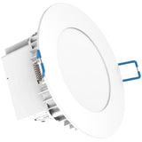 The thin profile of the IC rated Sunco 4-inch Slim with Integrated Junction Box is clearly seen here. Image shows the smooth trim, mounting clips, integrated j-box, knockouts, and all-in-one aspect of this easily installed downlight. The 10W LED is a 60W equivalent to conserve energy and reduce monthly electric bills when compared to an equivalent traditional 60W fixture. With 35,000 lifetime hours, this downlight provides 650 lumens of bright light with a 110-degree beam angle.