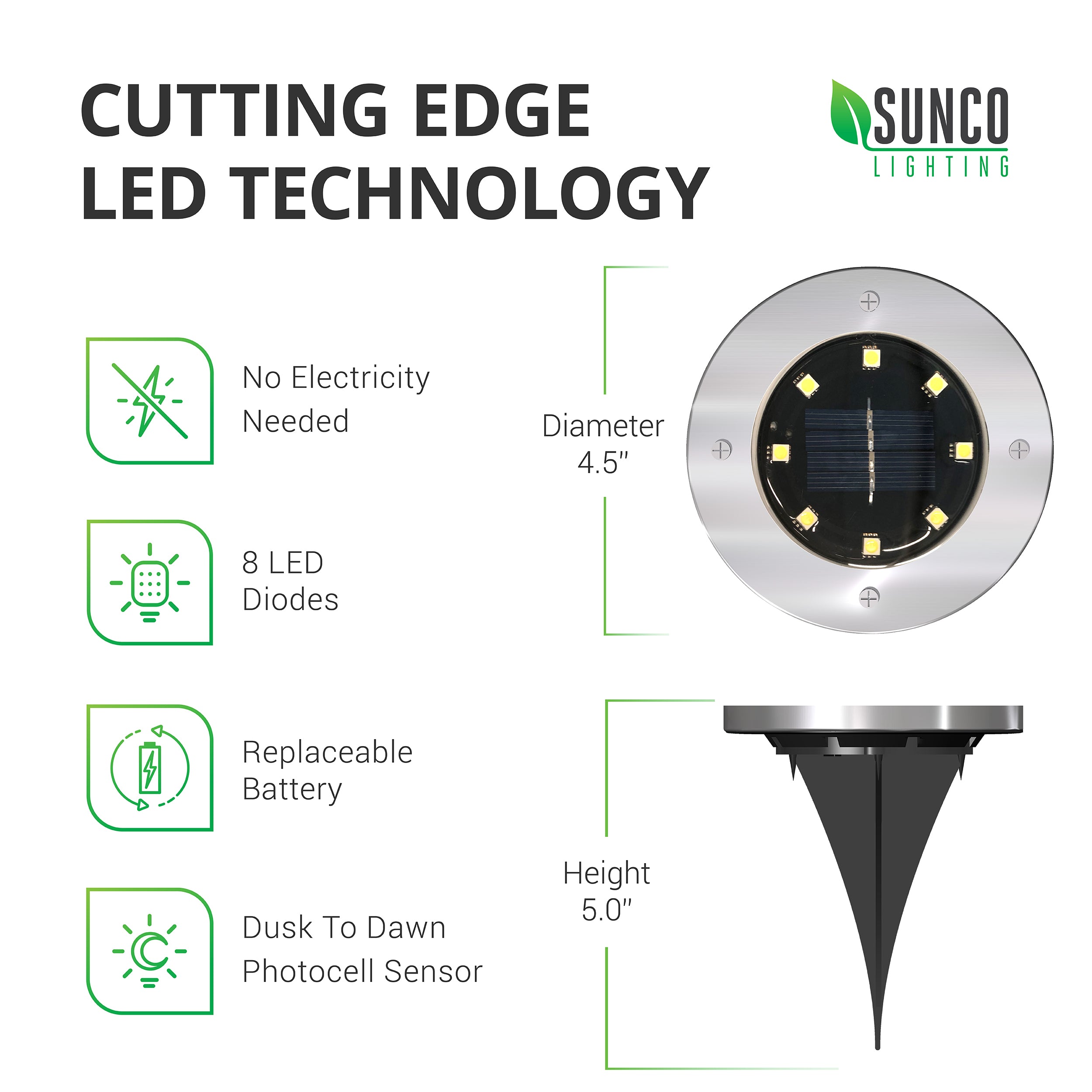 Sunco Lighting LED Round Solar Path Dimensions Light No Electricity Needed Dusk to Dawn Photocell Sensor 8 LED Diodes 