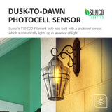 Dusk to Dawn Photocell Sensor. The T10 D2D Filament Bulb includes a photocell sensor to automatically light up the LED in absence of light. The sensor detects light levels. When no light is detected, the lights automatically turn on. When light is detected, the sensor automatically turns off the LED. Switch on the power and the sensor does all the work. No timer is needed. Image shows an exterior wall lantern with the light off during the day and the light on at night.