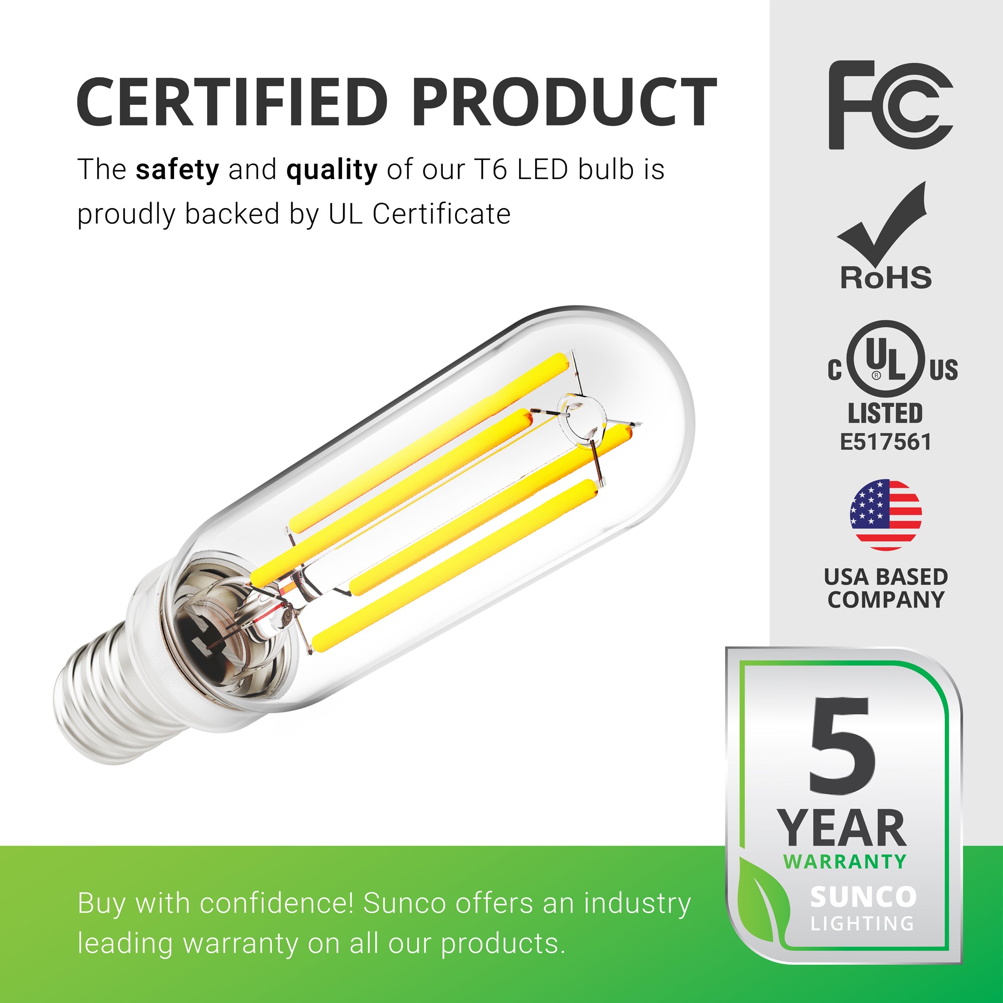 T6 LED Tubular Bulb, Filament, Candelabra, 450 Lumens