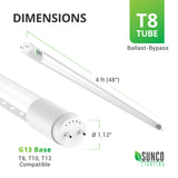 Dimensions of the Sunco 15W T8 LED Tube with Clear Cover, Ballast Bypass, and SEP Single Ended Power: length: 4ft or 48-inches, diameter: approximately 1.12-inches. Includes a G13 Base and is a compatible LED replacement for T8, T10, T12 tubes. With an easy install you can convert to LED for instant energy savings (up to 85%). 1 LED tube equals 2 fluorescent tubes with a 15W LED and a 32W fluorescent. In addition, these tubes are instant on for immediate bright light.