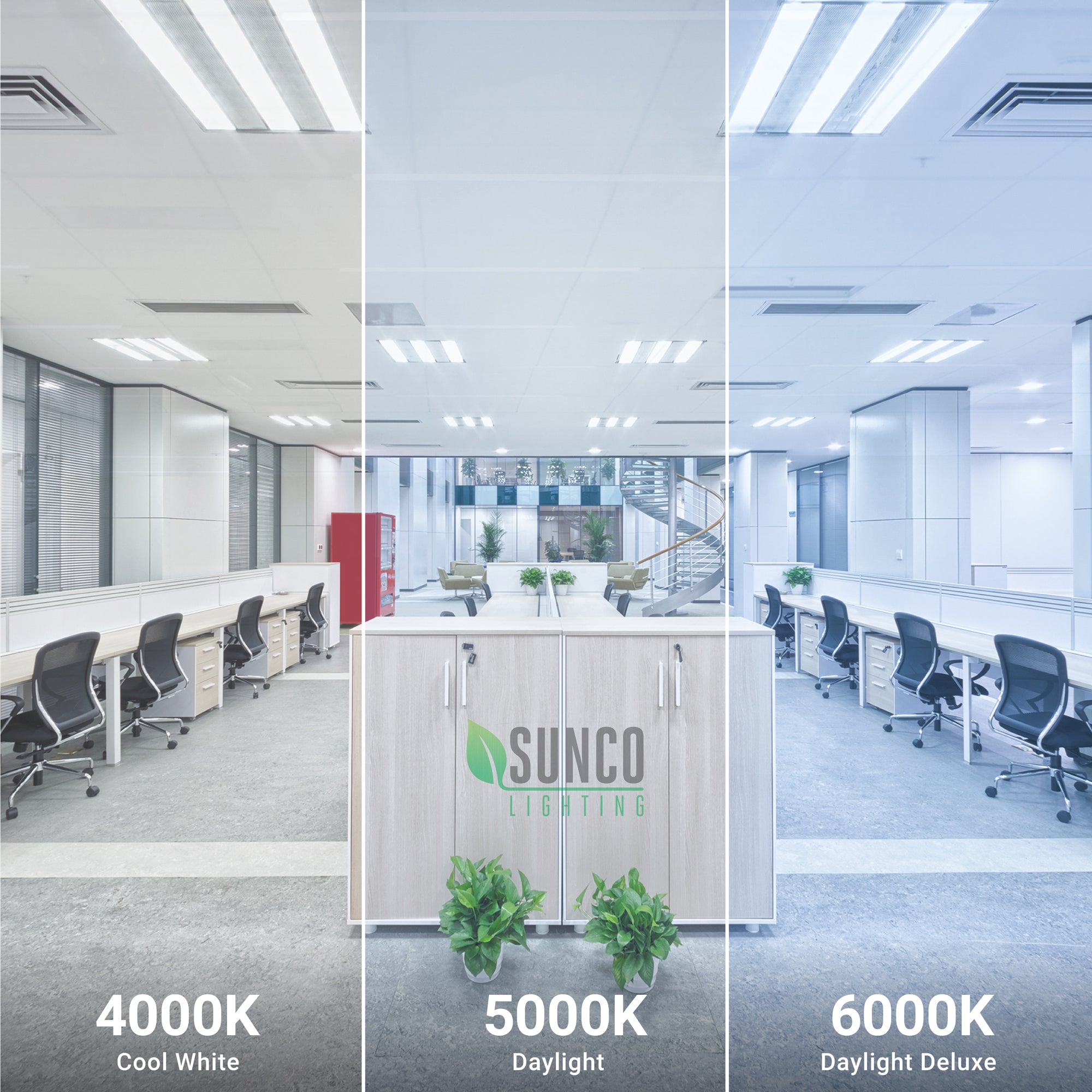 Choose color temperature from 4000K Cool White to 5000K Daylight to 6000K Daylight Deluxe. Using a different color temperature allows you to adjust the lighting to suit the space. 5000K and 6000K are best for task lighting while 4000K is great for lighting a meeting room or hallway with more suitable light quality. Sunco Lighting offers many CCTs to suit your needs. Select color temperature before checkout.