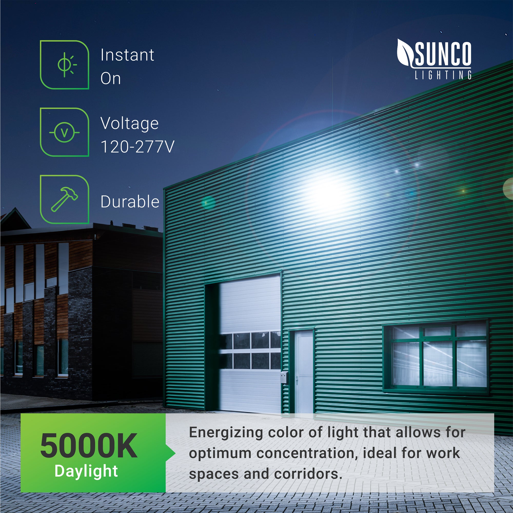 This LED Wall Pack comes in 5000K Daylight color temperature. It features 12,000 lumens brightness, consumes 120W, and runs on 120-277V for a reliable exterior security and flood light. Image shows the exterior of a commercial warehouse with a roll door. The bright, 120W LED Wall Pack provides essential light at night for improved workplace safety.