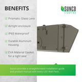 Sunco Benefits. Features include: prismatic acrylic lens, airtight enclosure, IP65 waterproof rating, durable aluminum housing, EVA material gasket for a tight seal. Sunco provides a straightforward installation guide and product manual with every LED Wall Pack 120W light fixture.